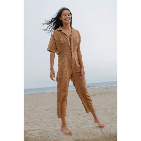 Mate the Label Tan Sedona 100% Linen Jumpsuit Size‎ Medium - Picture 1 of 11